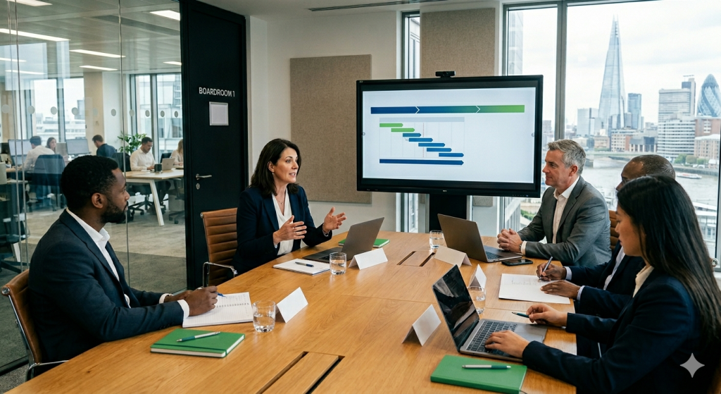 An image showing a meeting between Albius Group and a client discussing Interim Management Services